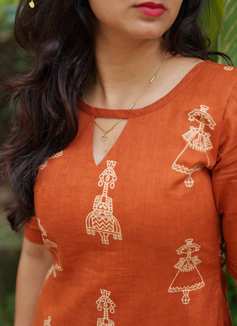 Orange Cotton Blend Printed Straight Kurta And Pant