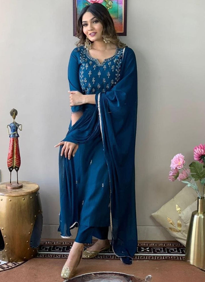 Blue Cotton Blend Embroidered Kurta Set