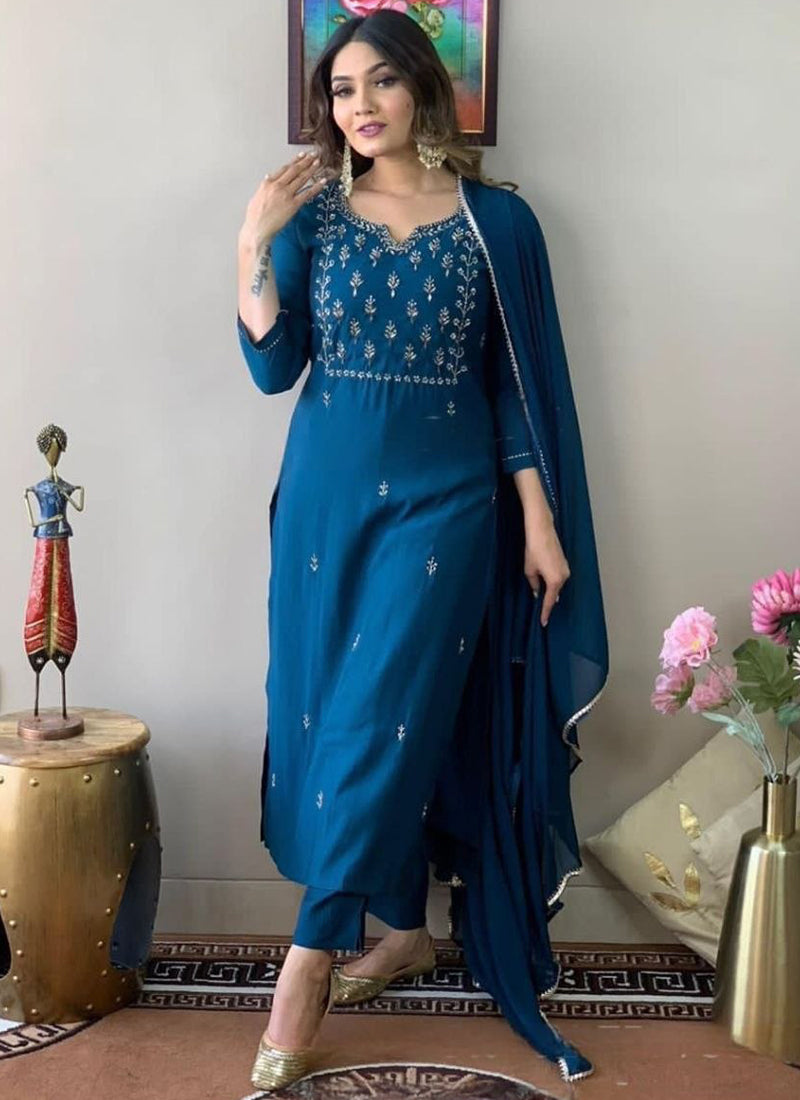 Blue Cotton Blend Embroidered Kurta Set