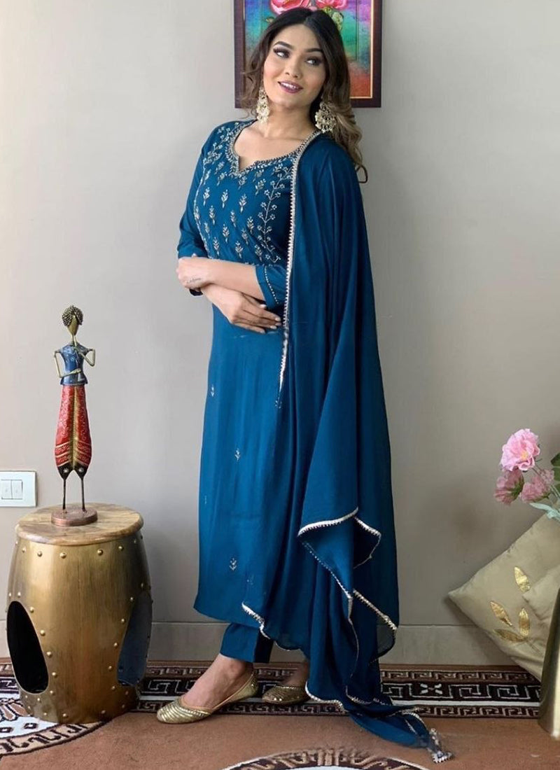 Blue Cotton Blend Embroidered Kurta Set