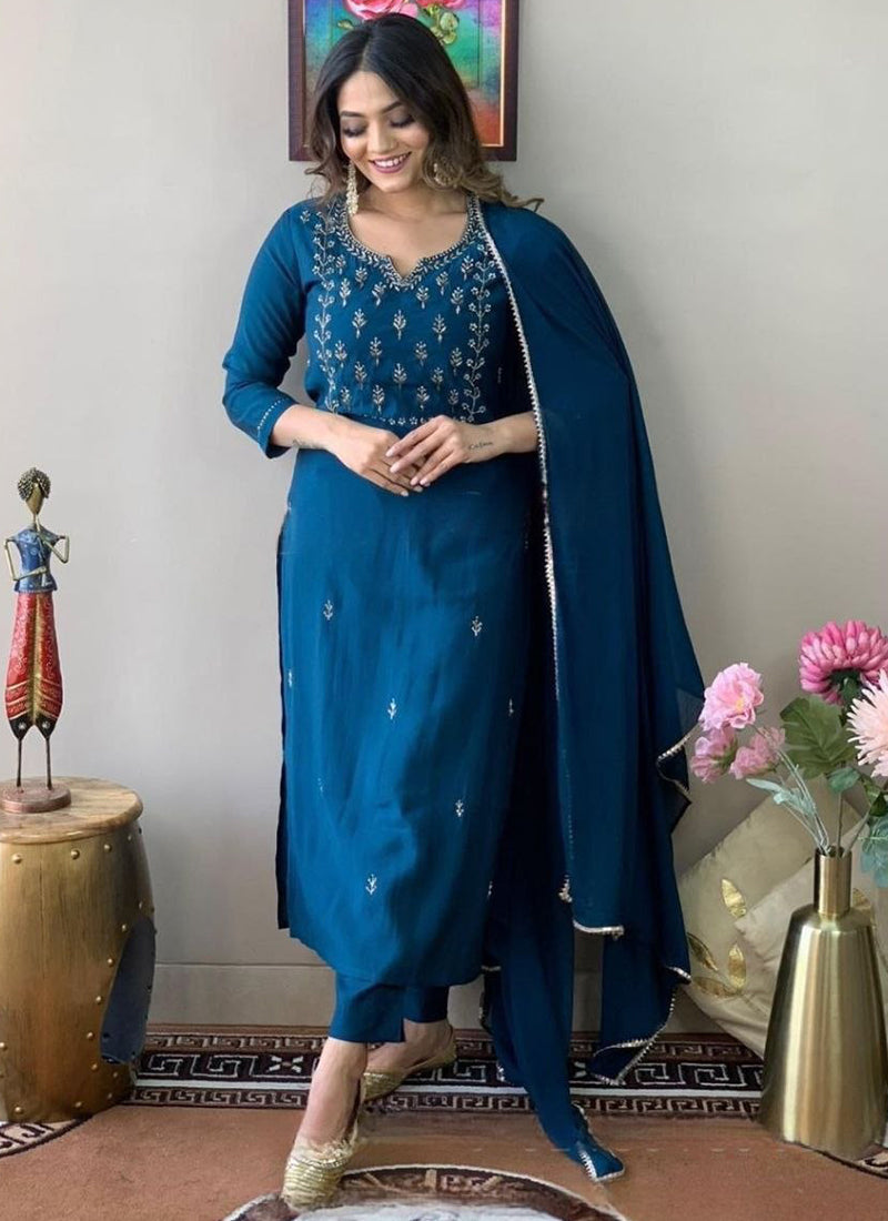 Blue Cotton Blend Embroidered Kurta Set