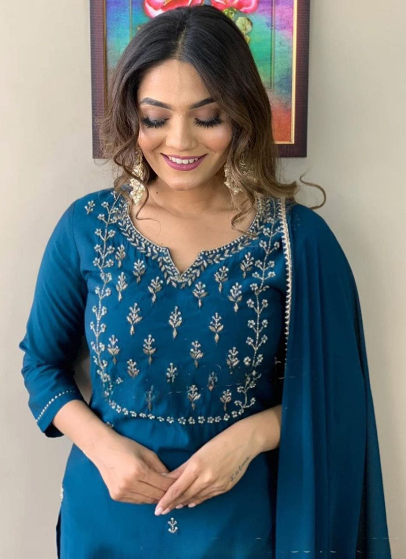 Blue Cotton Blend Embroidered Kurta Set