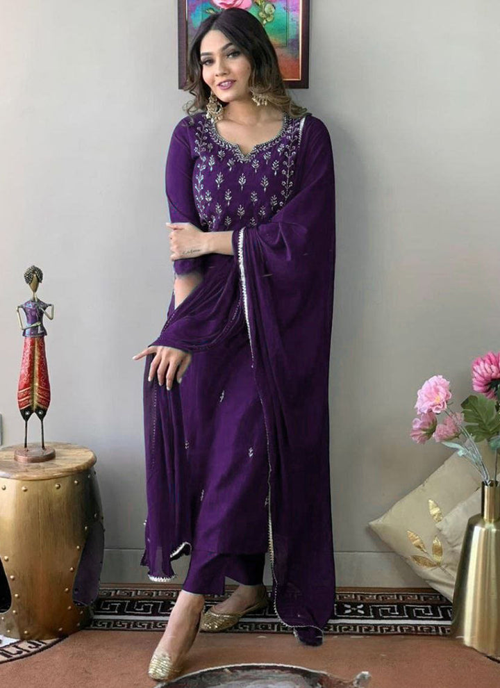 Purple Cotton Blend Embroidered Kurta Set