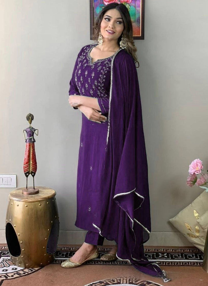 Purple Cotton Blend Embroidered Kurta Set