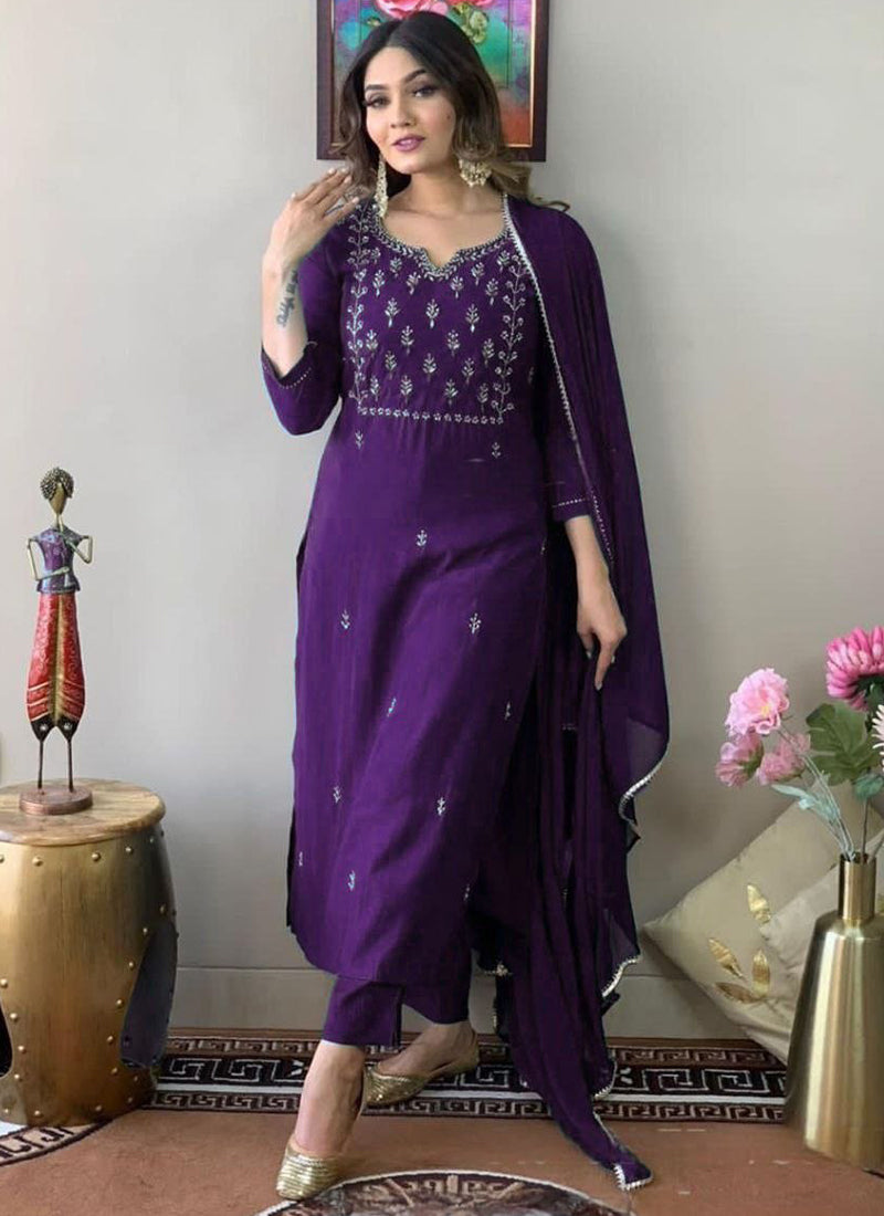 Purple Cotton Blend Embroidered Kurta Set