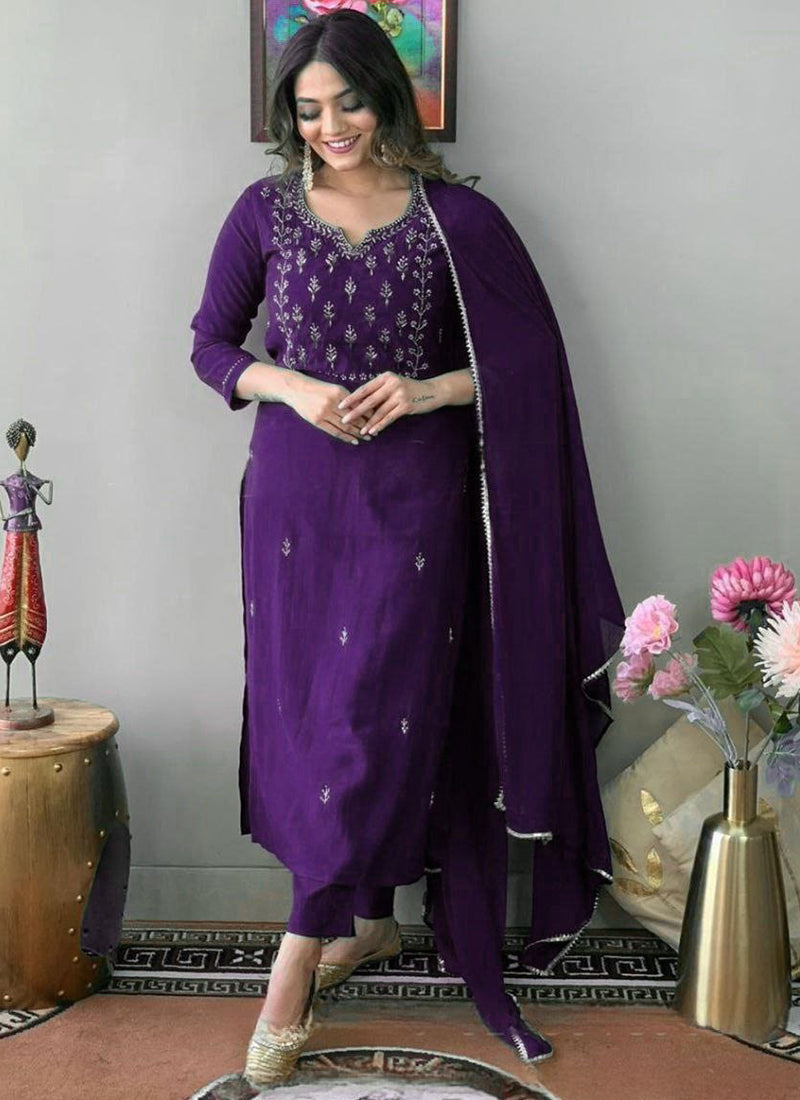 Purple Cotton Blend Embroidered Kurta Set