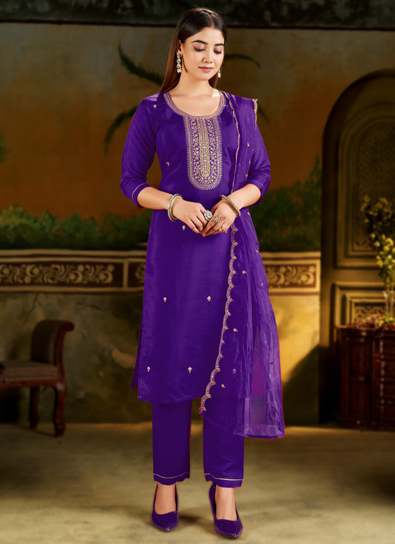 Purple Silk Blend Embroidered Festive Kurta Set