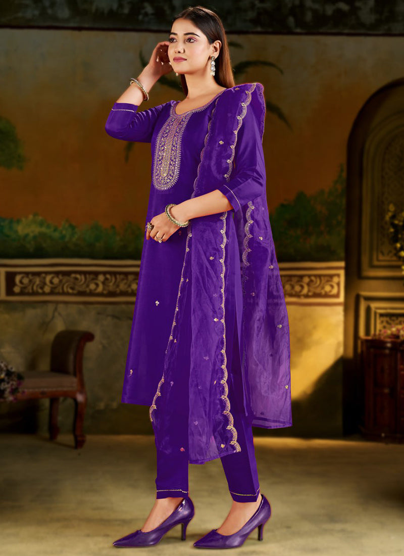 Purple Silk Blend Embroidered Festive Kurta Set