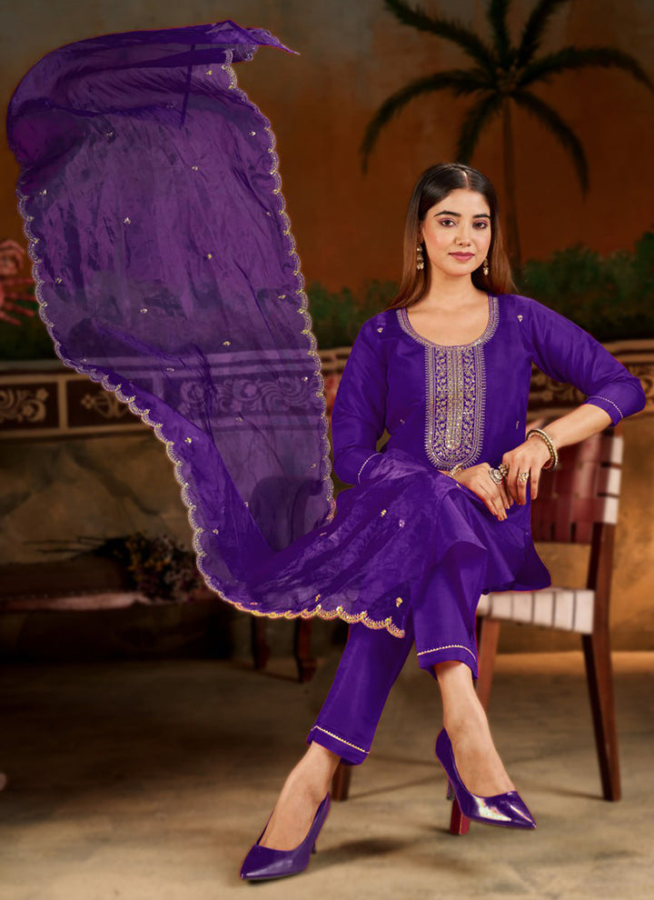 Purple Silk Blend Embroidered Festive Kurta Set