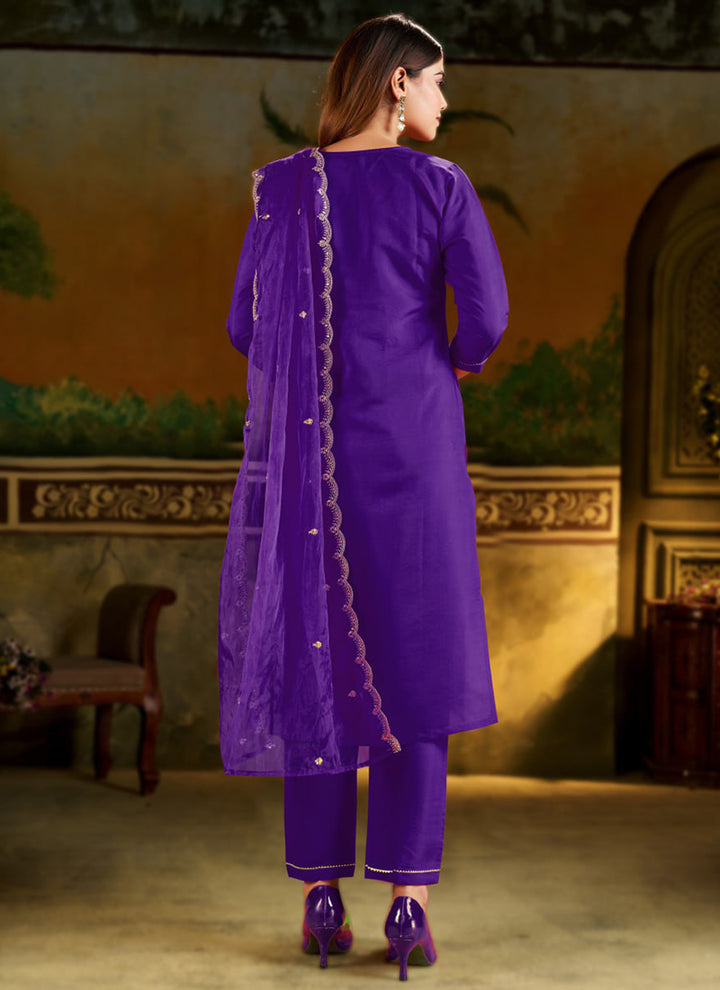 Purple Silk Blend Embroidered Festive Kurta Set
