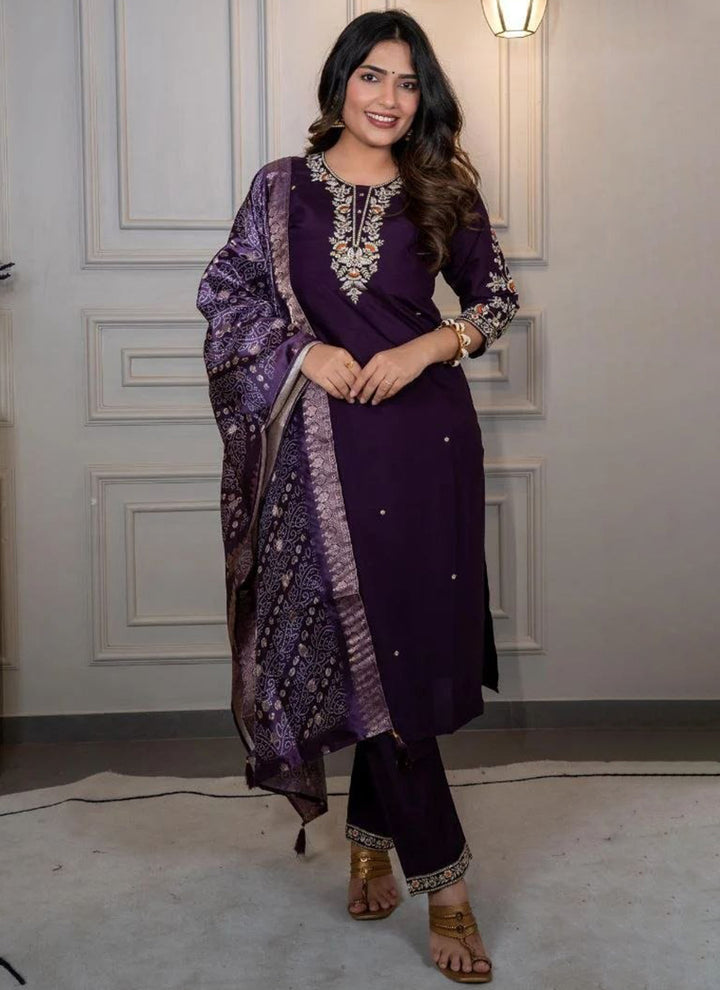 Purple Cotton Blend Embroidered Festive Kurta Set