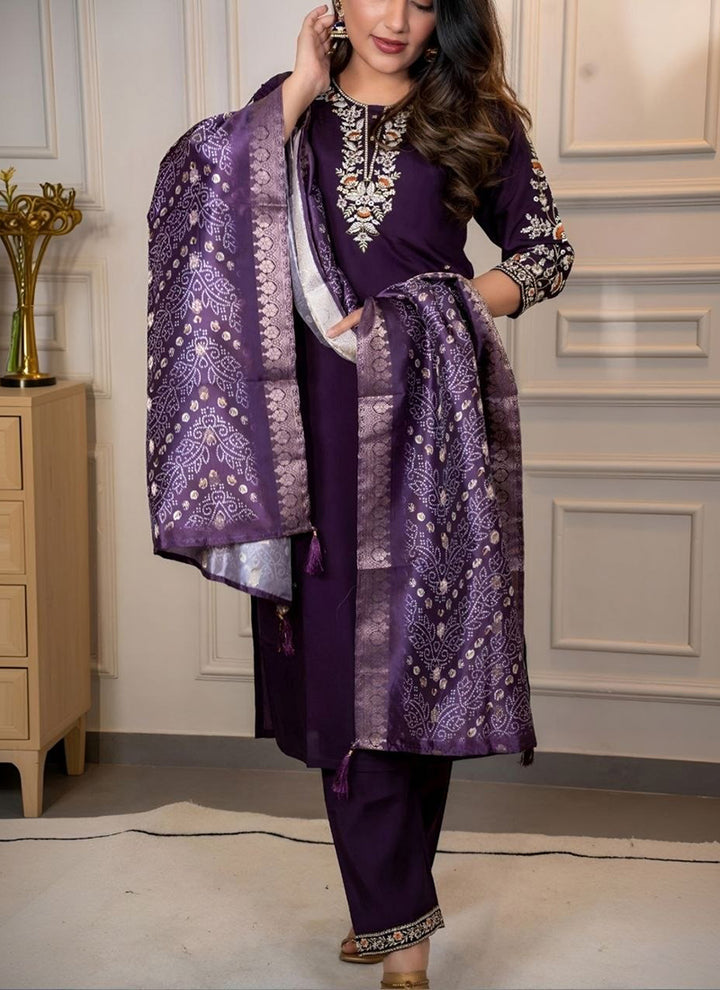 Purple Cotton Blend Embroidered Festive Kurta Set