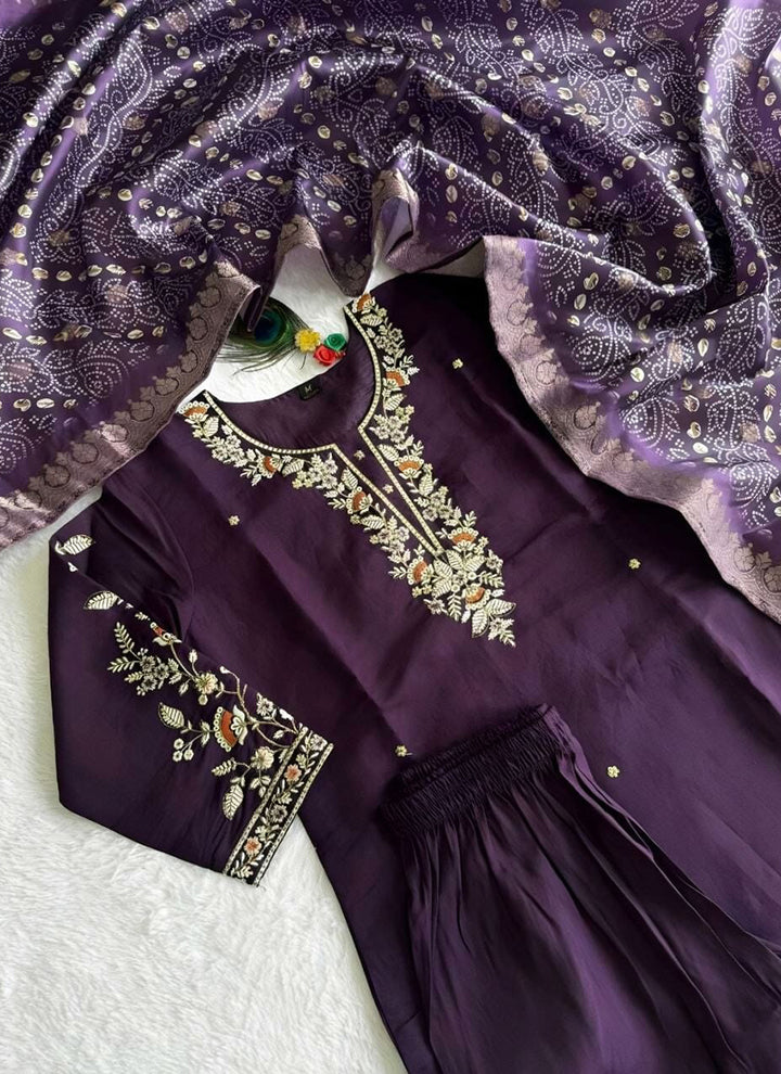 Purple Cotton Blend Embroidered Festive Kurta Set