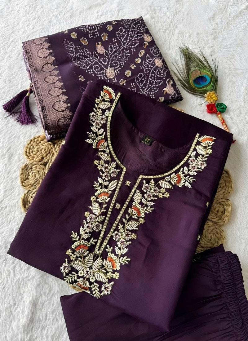 Purple Cotton Blend Embroidered Festive Kurta Set