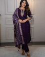 Purple Cotton Blend Embroidered Festive Kurta Set