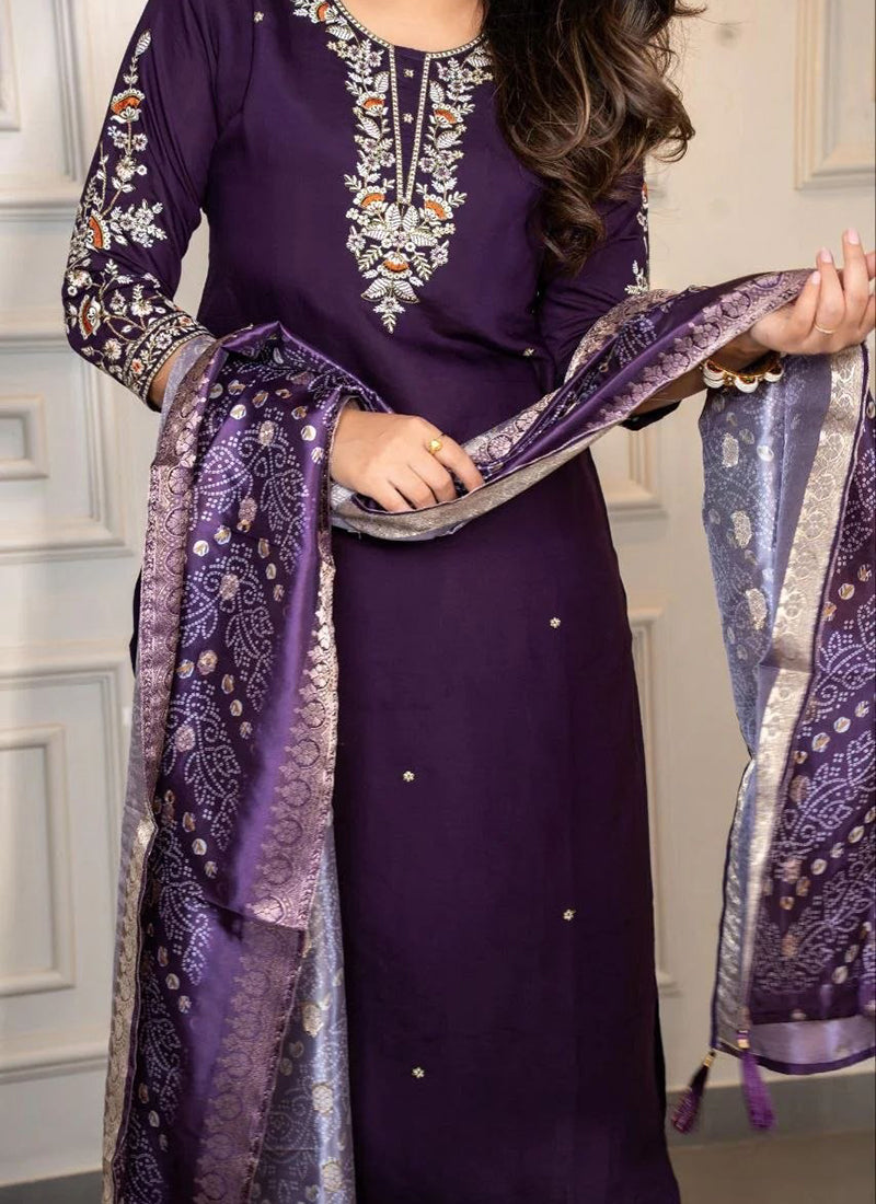 Purple Cotton Blend Embroidered Festive Kurta Set