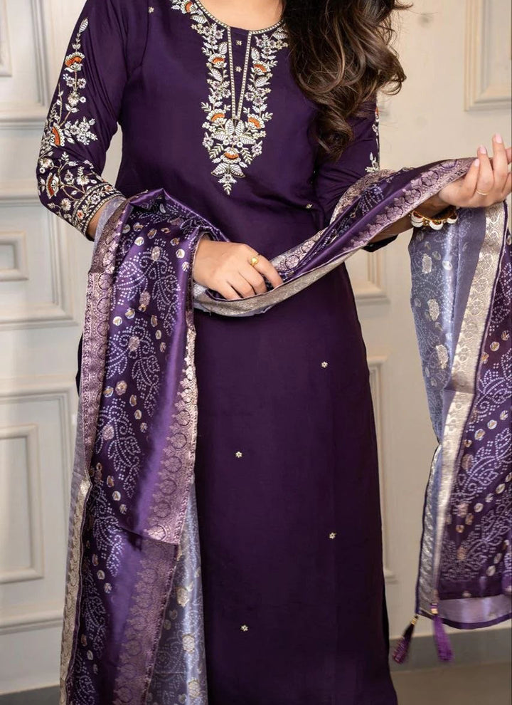 Purple Cotton Blend Embroidered Festive Kurta Set