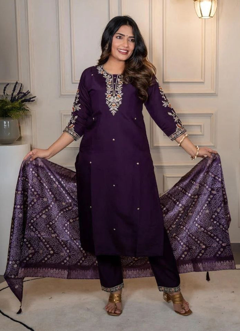 Purple Cotton Blend Embroidered Festive Kurta Set