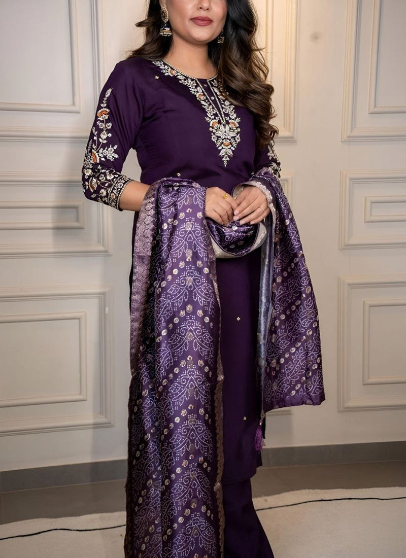 Purple Cotton Blend Embroidered Festive Kurta Set