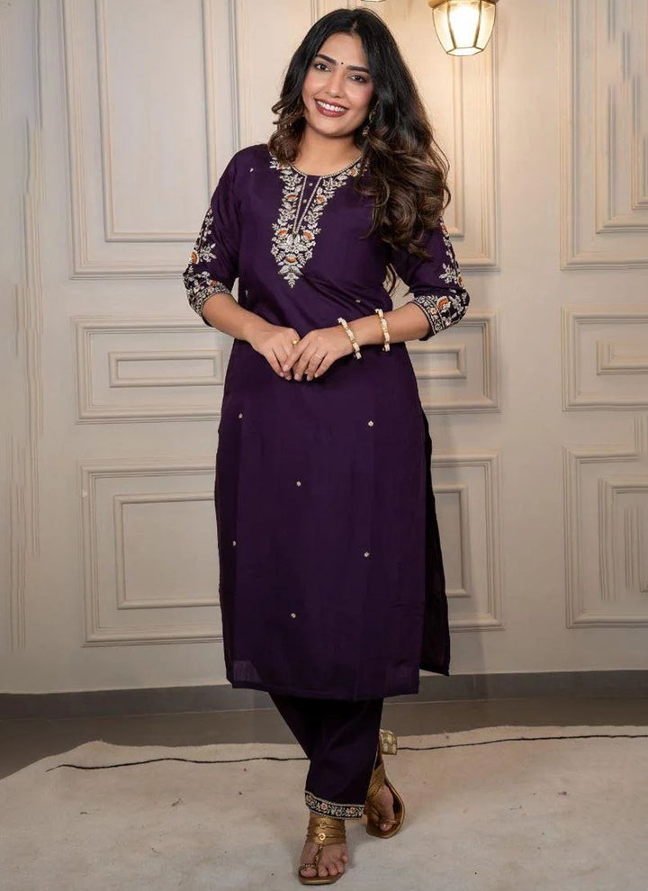 Purple Cotton Blend Embroidered Festive Kurta Set