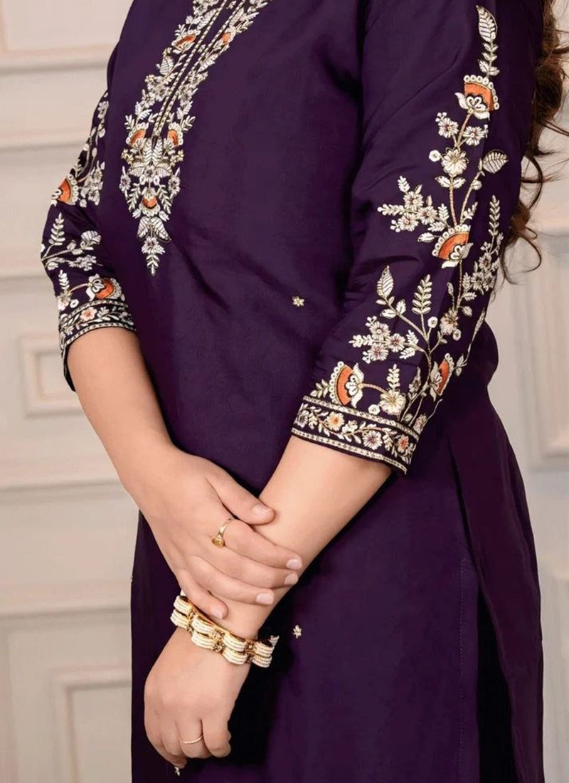 Purple Cotton Blend Embroidered Festive Kurta Set