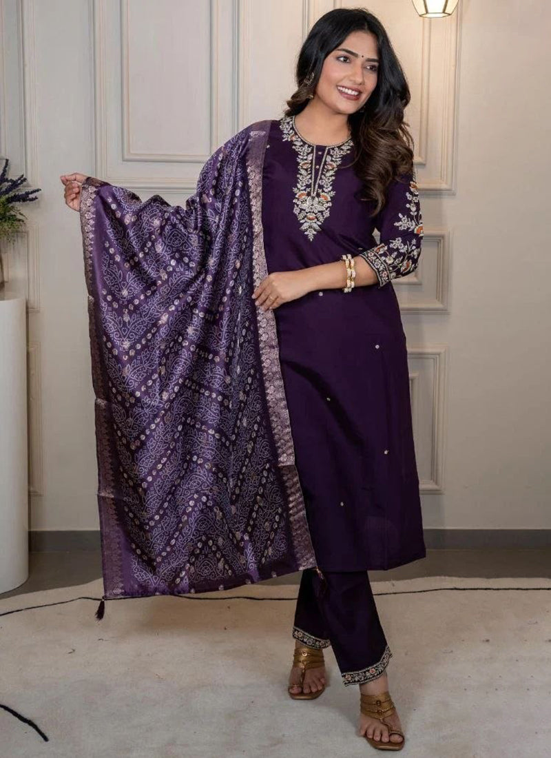 Purple Cotton Blend Embroidered Festive Kurta Set