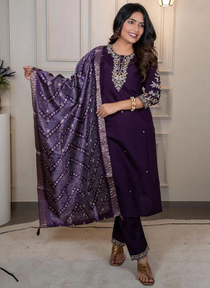 Purple Cotton Blend Embroidered Festive Kurta Set