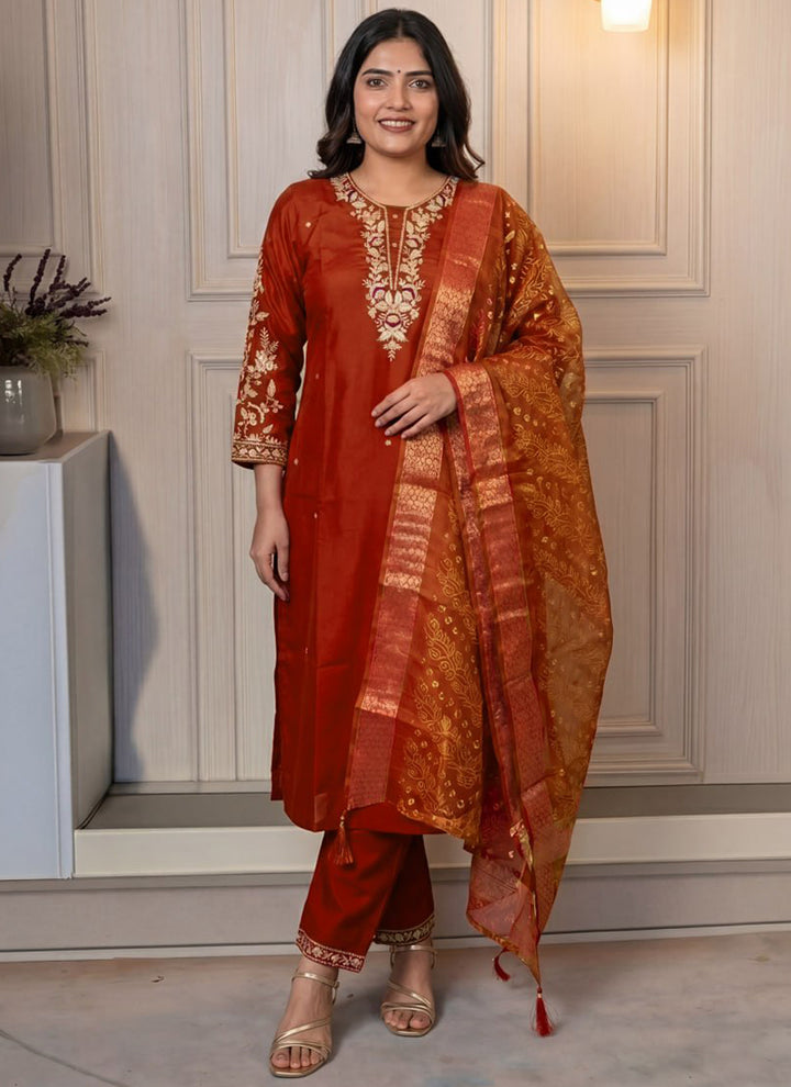 Rust Cotton Blend Embroidered Festive Kurta Set