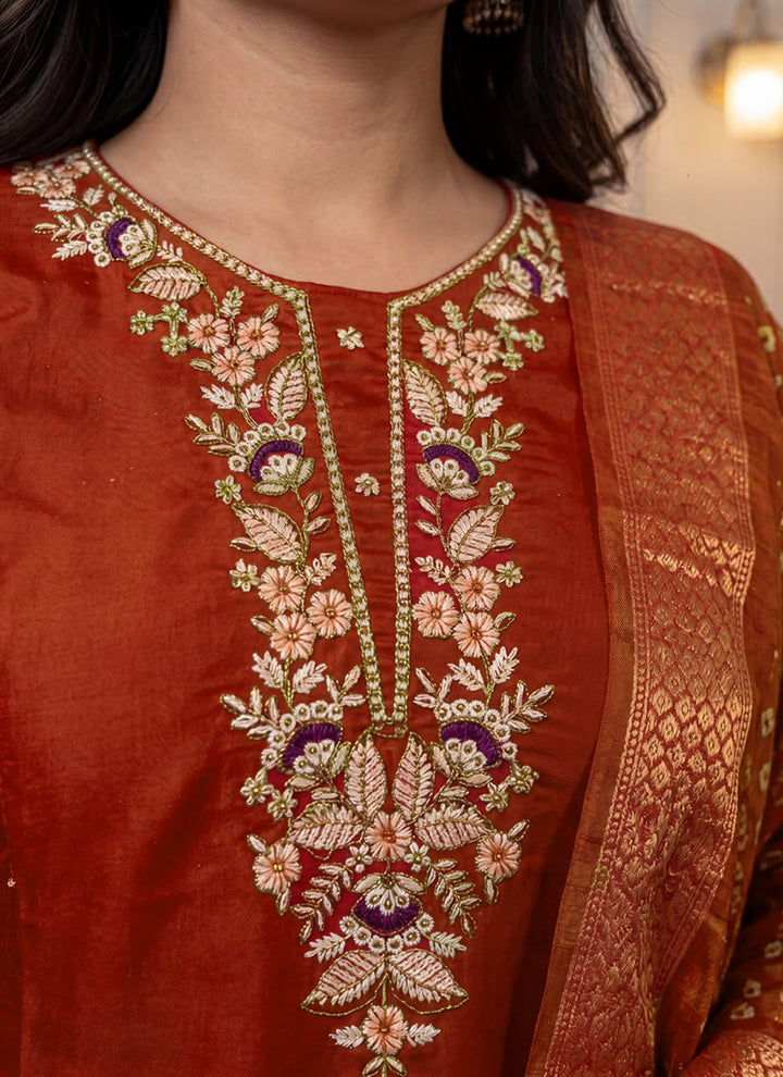 Rust Cotton Blend Embroidered Festive Kurta Set
