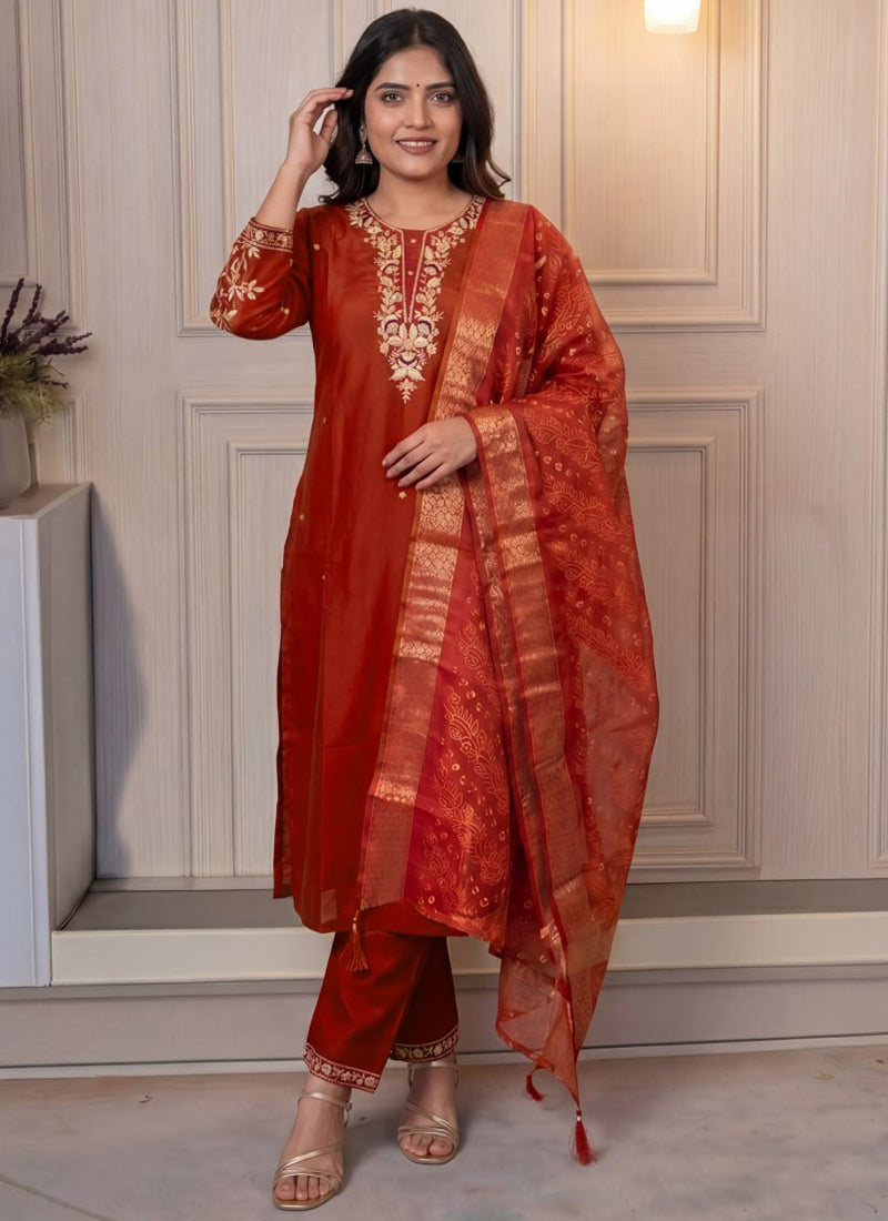 Rust Cotton Blend Embroidered Festive Kurta Set