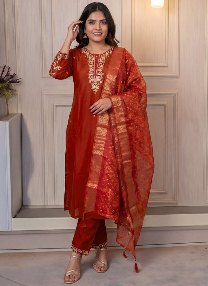 Rust Cotton Blend Embroidered Festive Kurta Set