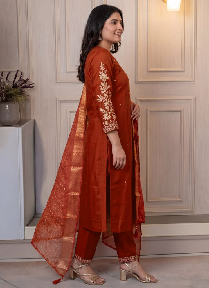 Rust Cotton Blend Embroidered Festive Kurta Set