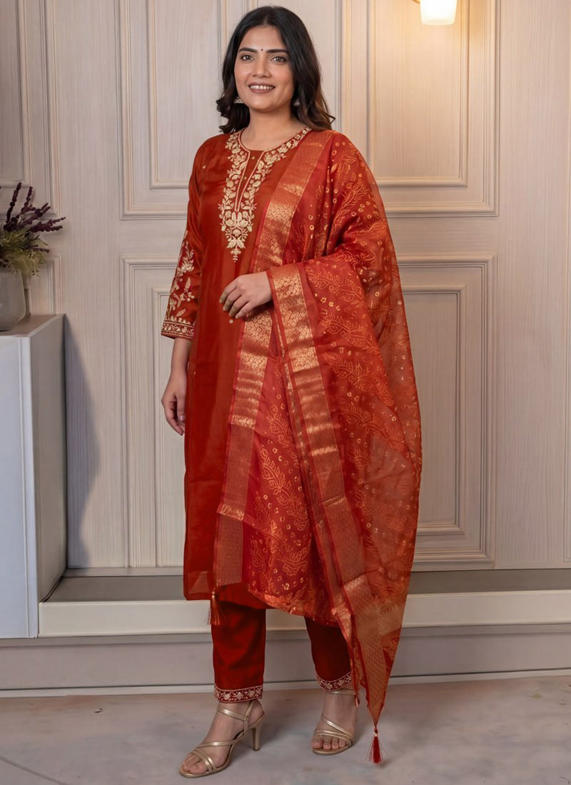 Rust Cotton Blend Embroidered Festive Kurta Set
