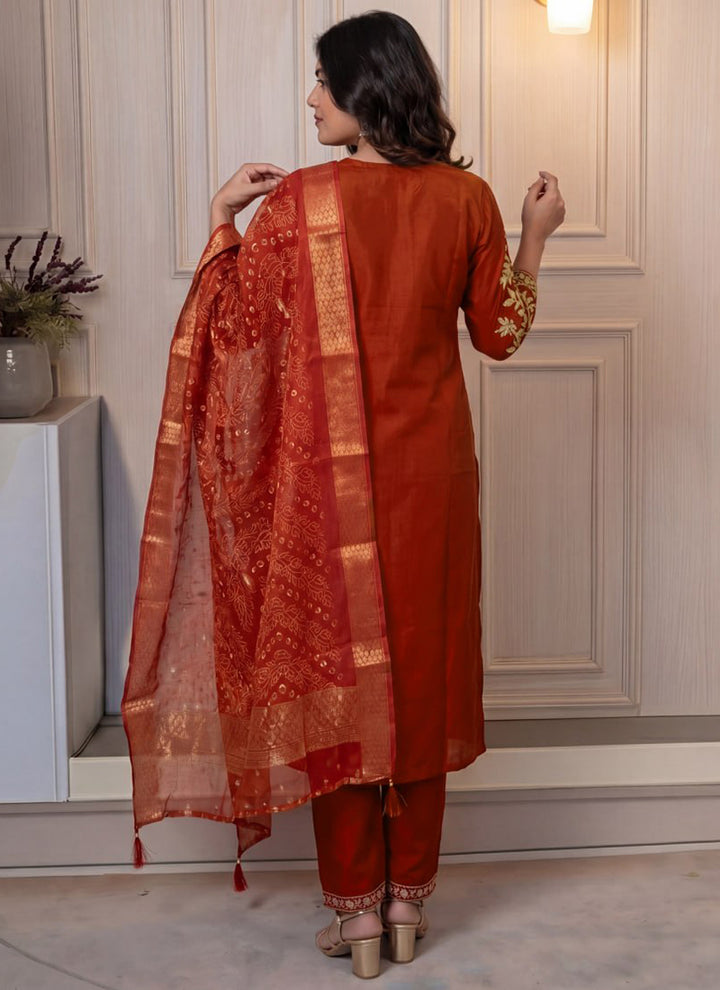 Rust Cotton Blend Embroidered Festive Kurta Set