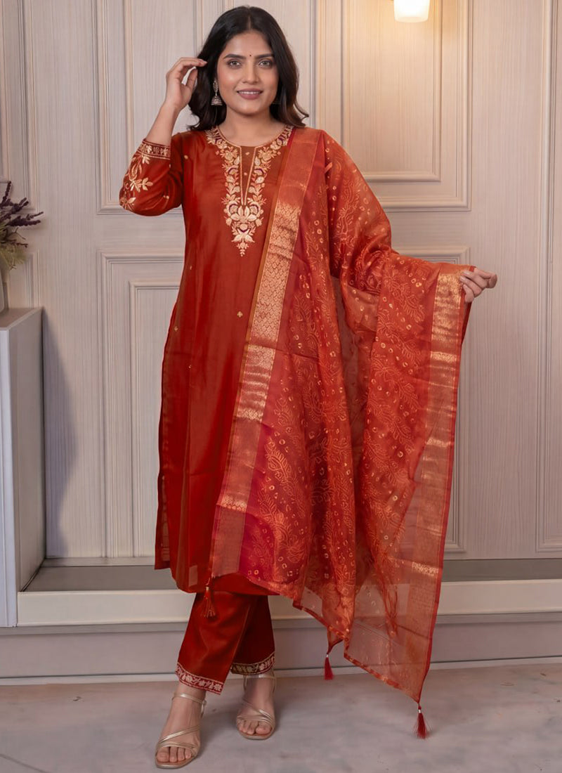 Rust Cotton Blend Embroidered Festive Kurta Set
