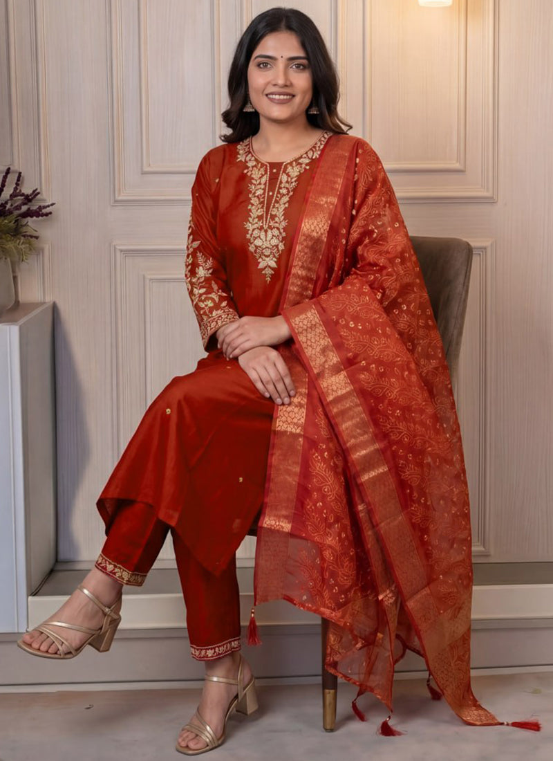 Rust Cotton Blend Embroidered Festive Kurta Set