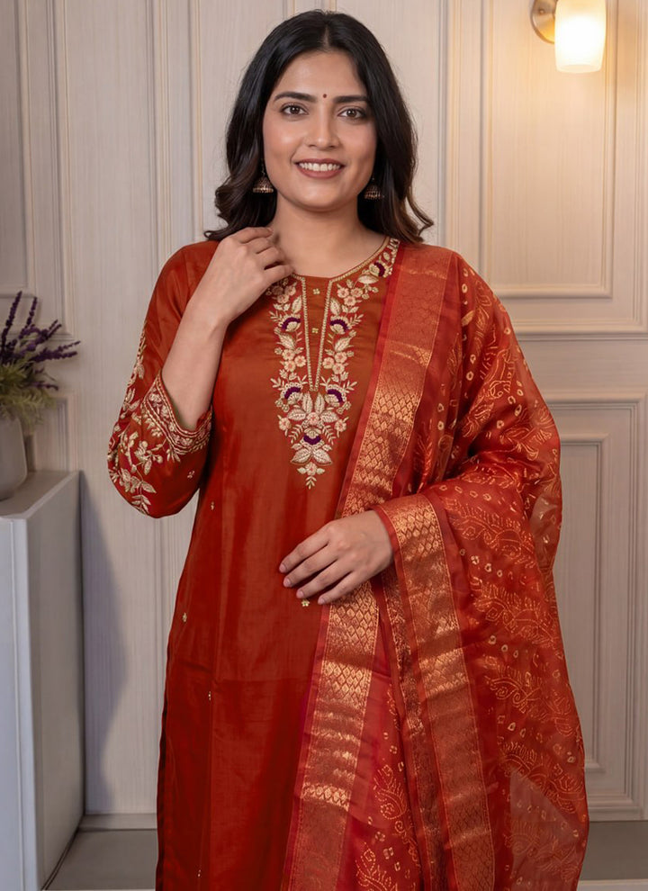Rust Cotton Blend Embroidered Festive Kurta Set