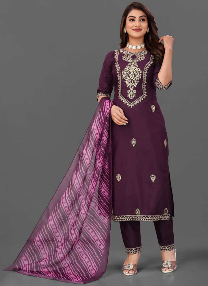 Wine Cotton Blend Straight Cut Kurta Set