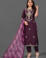 Wine Cotton Blend Straight Cut Kurta Set