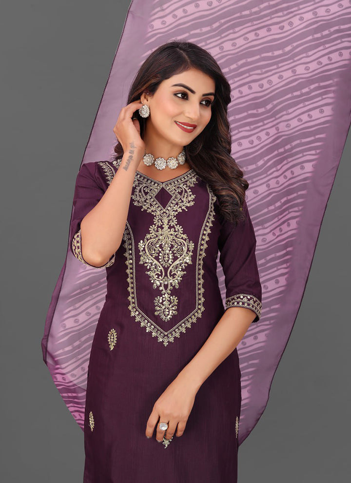 Wine Cotton Blend Straight Cut Kurta Set