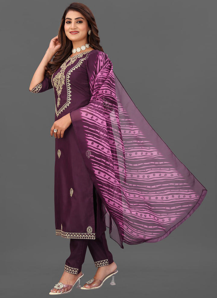 Wine Cotton Blend Straight Cut Kurta Set