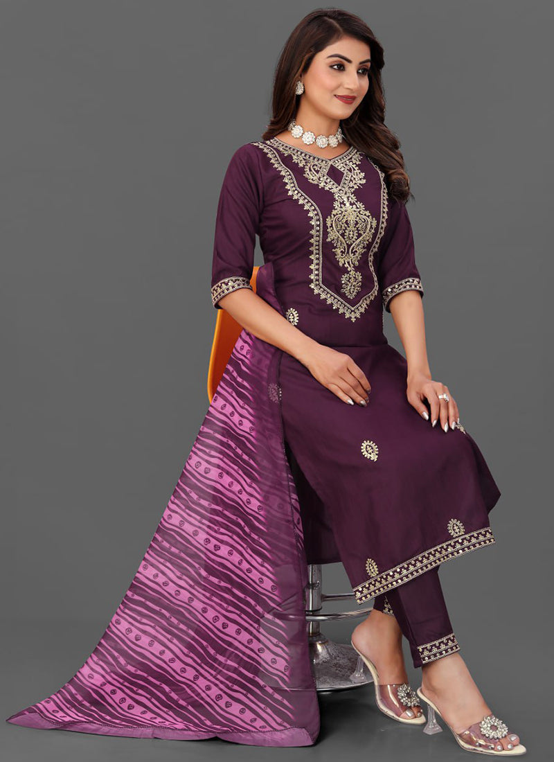 Wine Cotton Blend Straight Cut Kurta Set