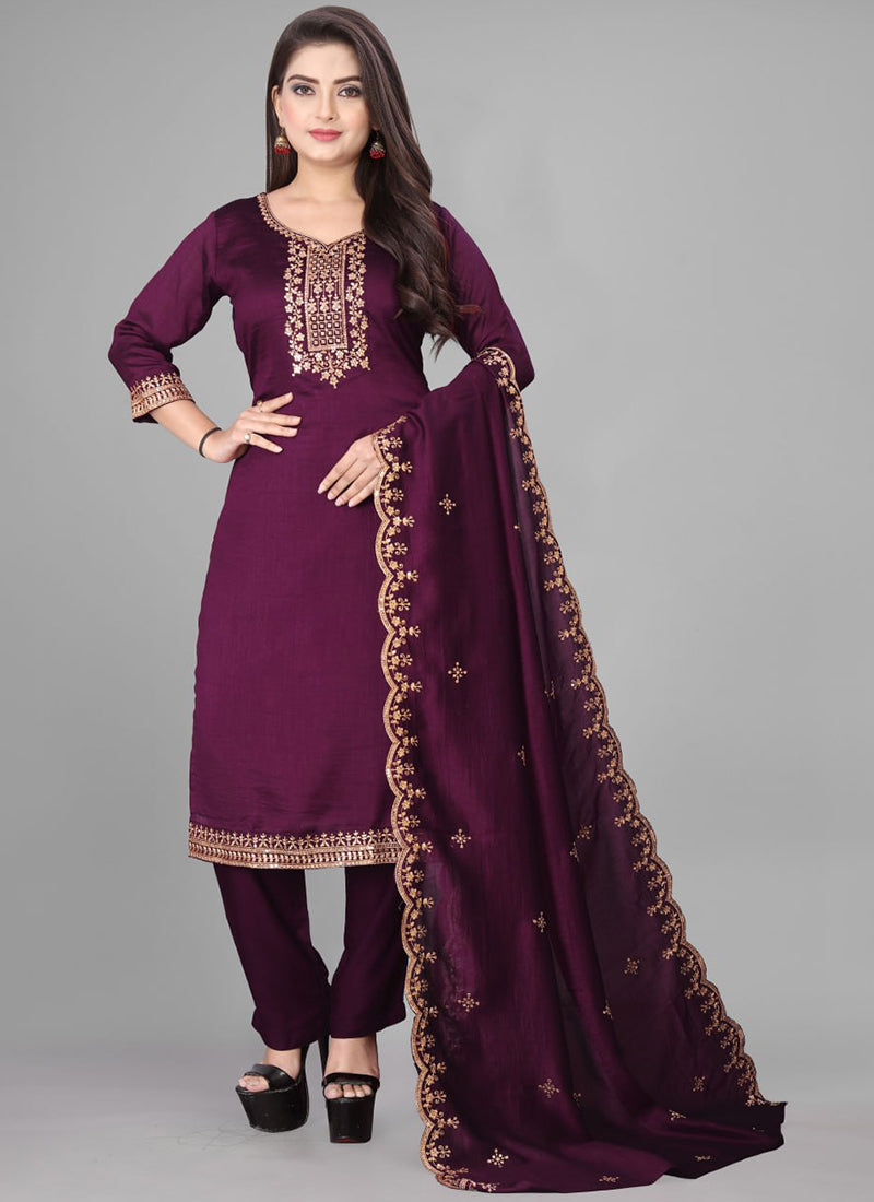 Wine Cotton Blend Embroidered Traditional Kurta Set