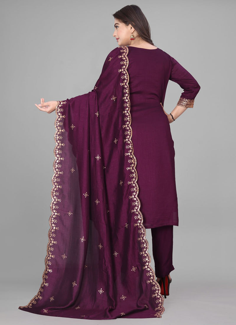 Wine Cotton Blend Embroidered Traditional Kurta Set
