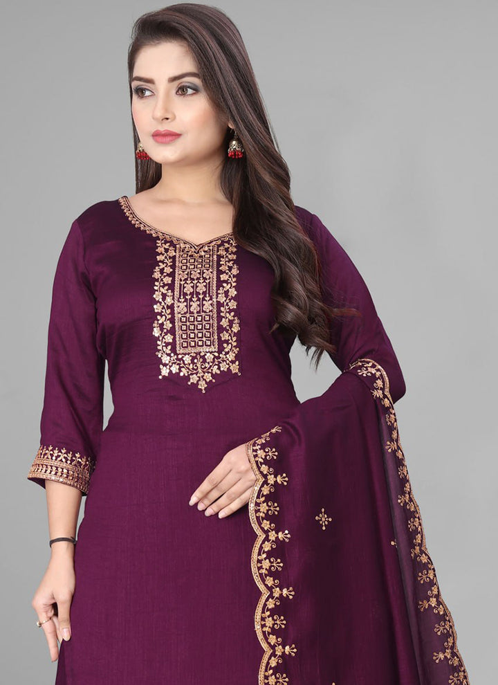 Wine Cotton Blend Embroidered Traditional Kurta Set