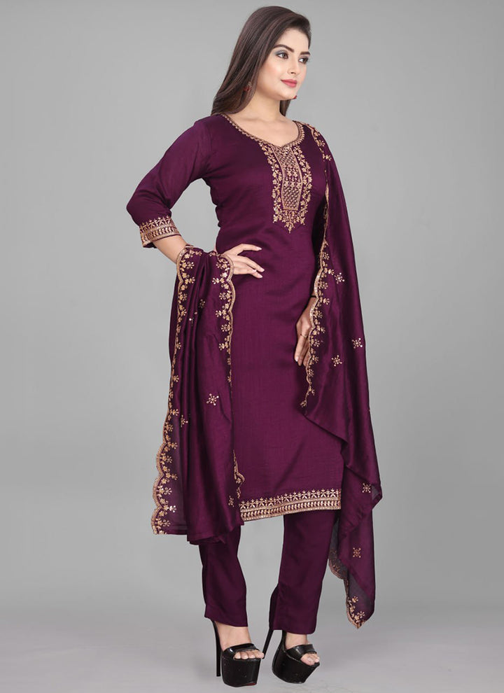Wine Cotton Blend Embroidered Traditional Kurta Set