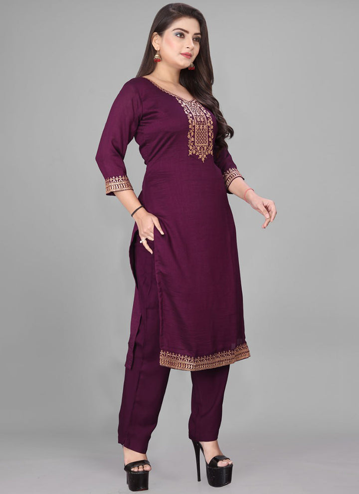 Wine Cotton Blend Embroidered Traditional Kurta Set
