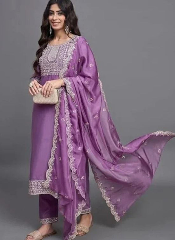 Lavender Cotton Blend Embroidered Kurta Set