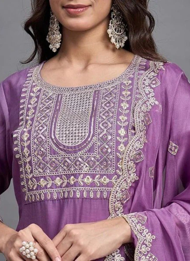 Lavender Cotton Blend Embroidered Kurta Set