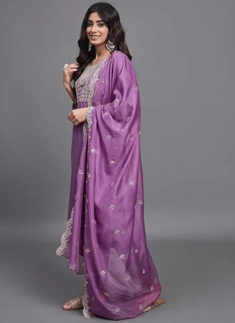 Lavender Cotton Blend Embroidered Kurta Set